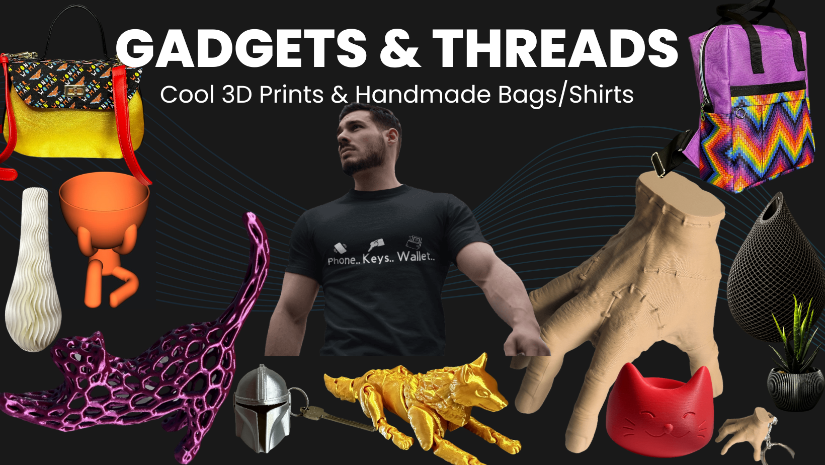 Image showing various 3D printed items(Thing hand,articulated wolf,mandalorian helmet keychain,smiley face cat bowl,etc..) as well as some handmade bags for sale at GadgetsAndThreads.com