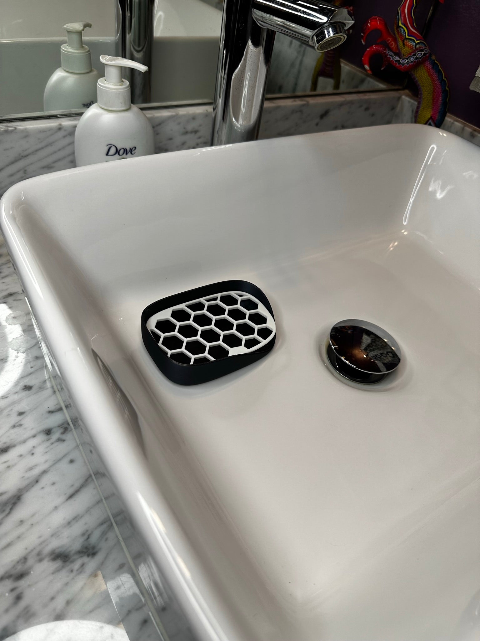 3D printed hexagon pattern soap dish in bathroom setting
