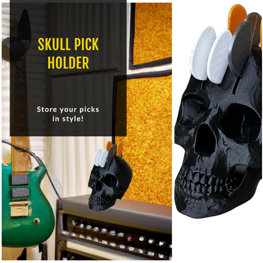 electric guitar featuring a skull as a pick holder next to it