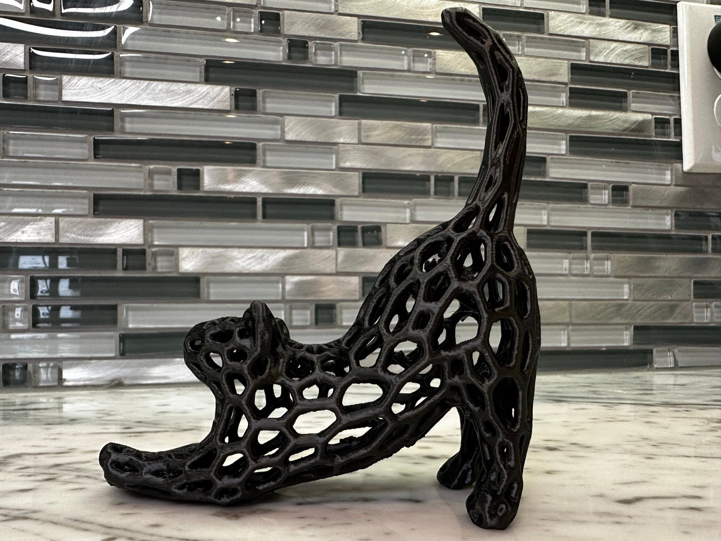Cat Stretch Voronoi Figurine - 3D Printed Sculpture in Multiple Colors