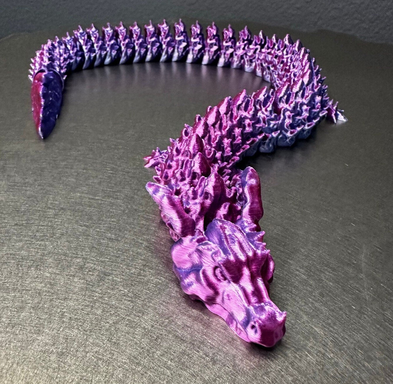 Large Articulated Dragon in Silky Blue & Rose Red 16.5" x 2" x 1"