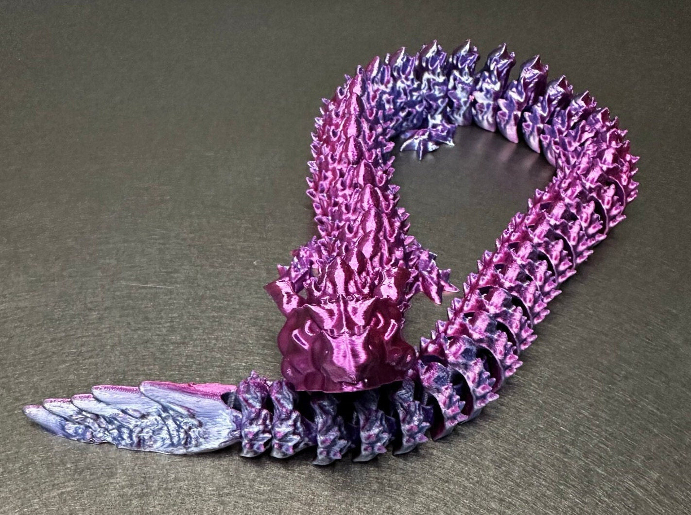 Large Articulated Dragon in Silky Blue & Rose Red 16.5" x 2" x 1"