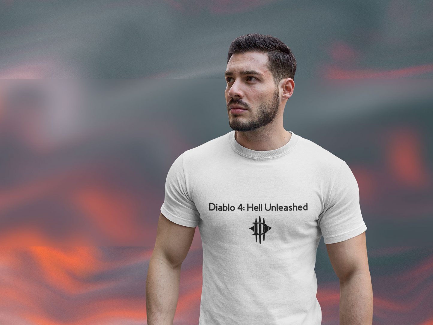 handsome guy wearing a white tshirt that says Diablo 4: Hell Unleashed
