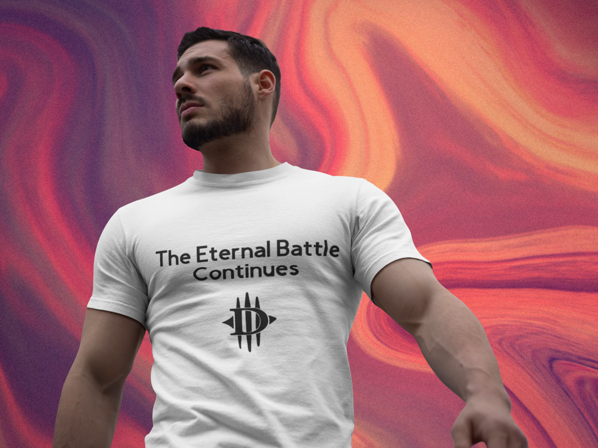 handsome muscular guy wearing a white tshirt that says The Eternal Battle Continues