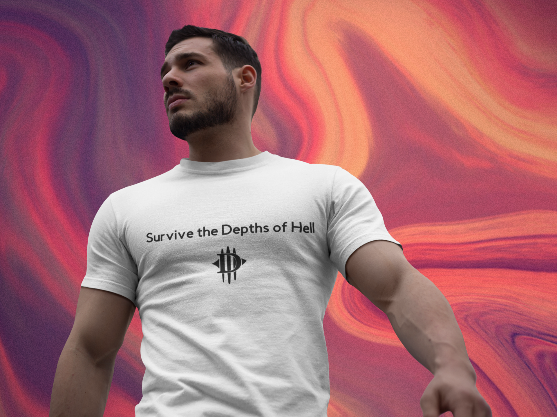 Handsome muscular guy wearing a Survive the Depths of Hell thisrt